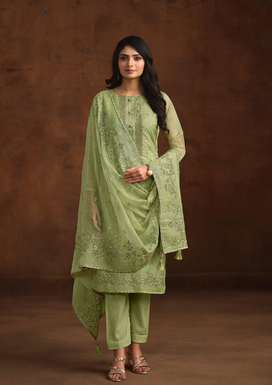 Green Color Embroidered Organza Suit