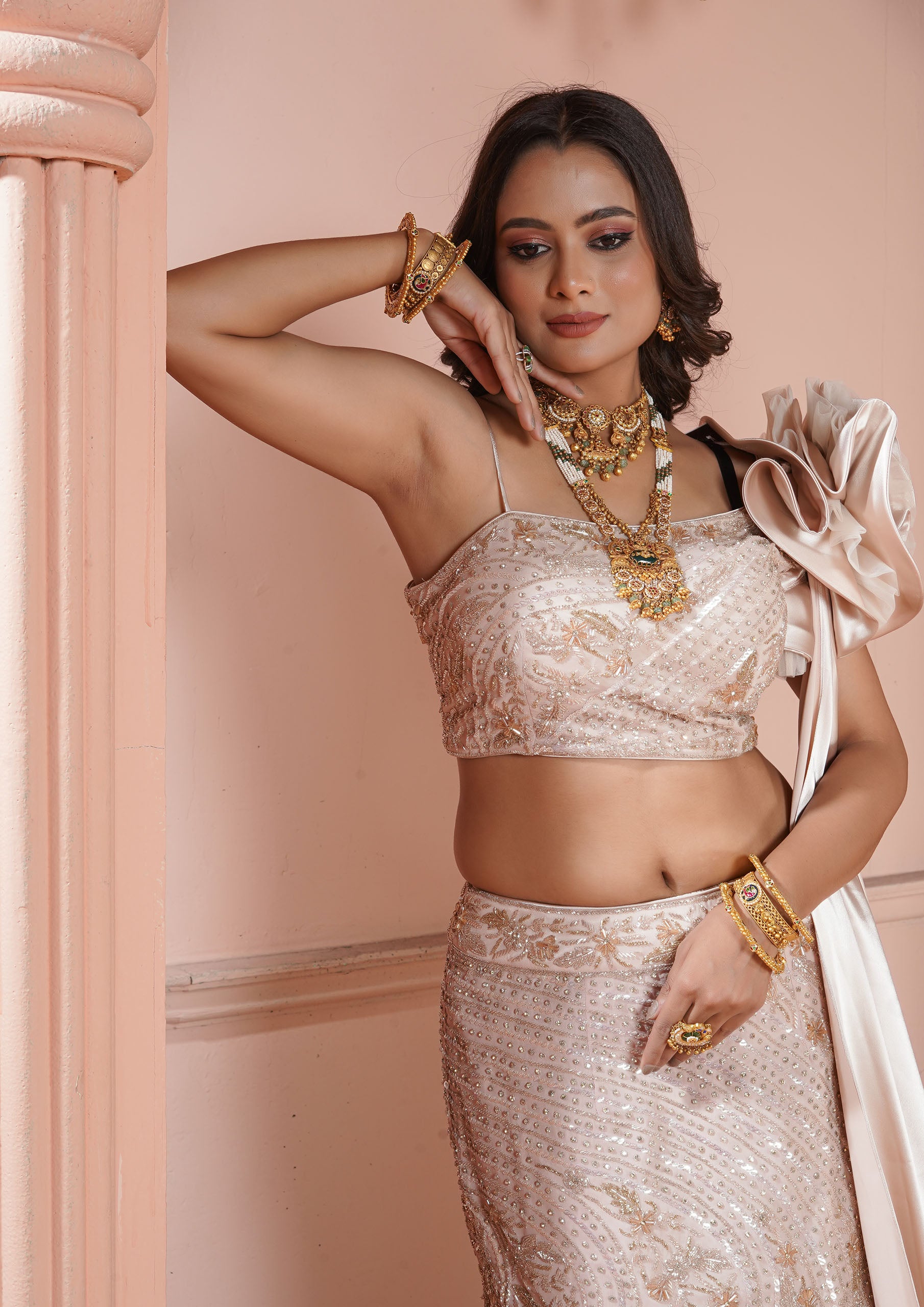 Rose Gold Shattering Silk Lehenga Choli with Cut Dana work and Draped Dupatta