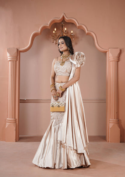 Rose Gold Shattering Silk Lehenga Choli with Cut Dana work and Draped Dupatta