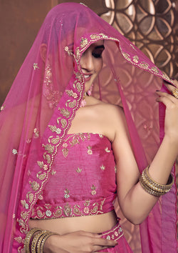 Magenta Color Hand Work Raw Silk Bridal Lehenga