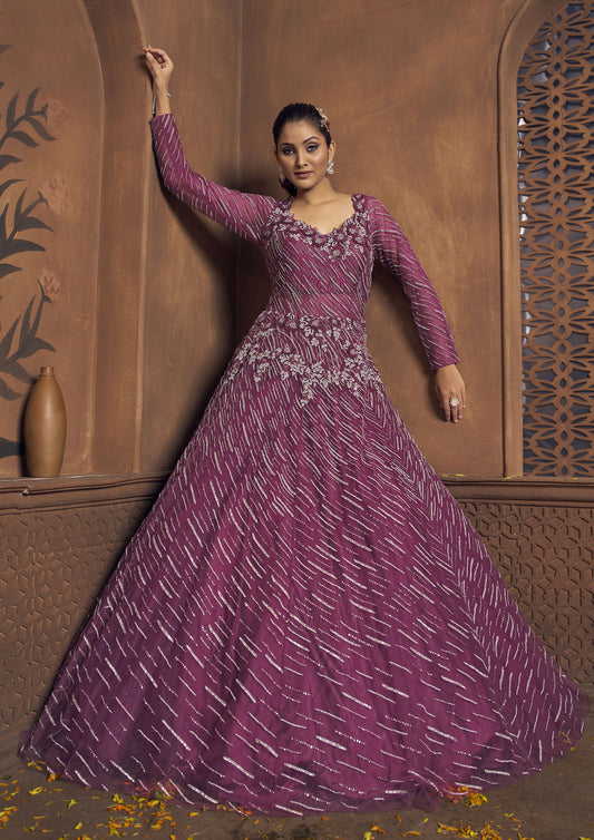 Purple Color Net Sequins And Cut Dana Work Gown