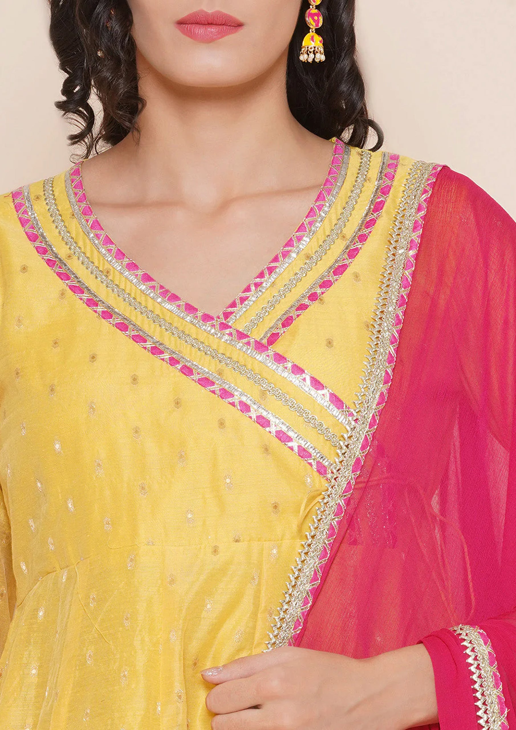 Mother Yellow Self Booti Design Angrakha Style Suit