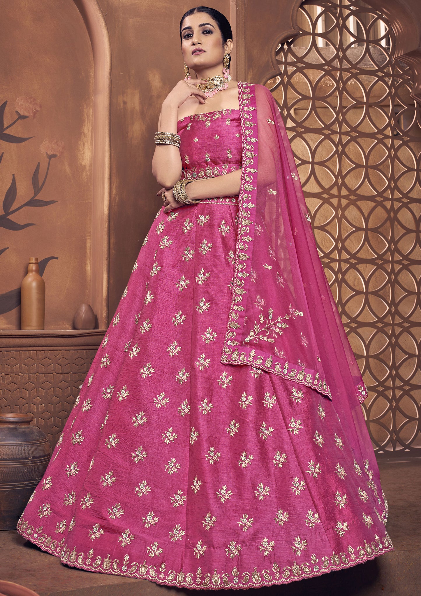 Magenta Color Hand Work Raw Silk Bridal Lehenga