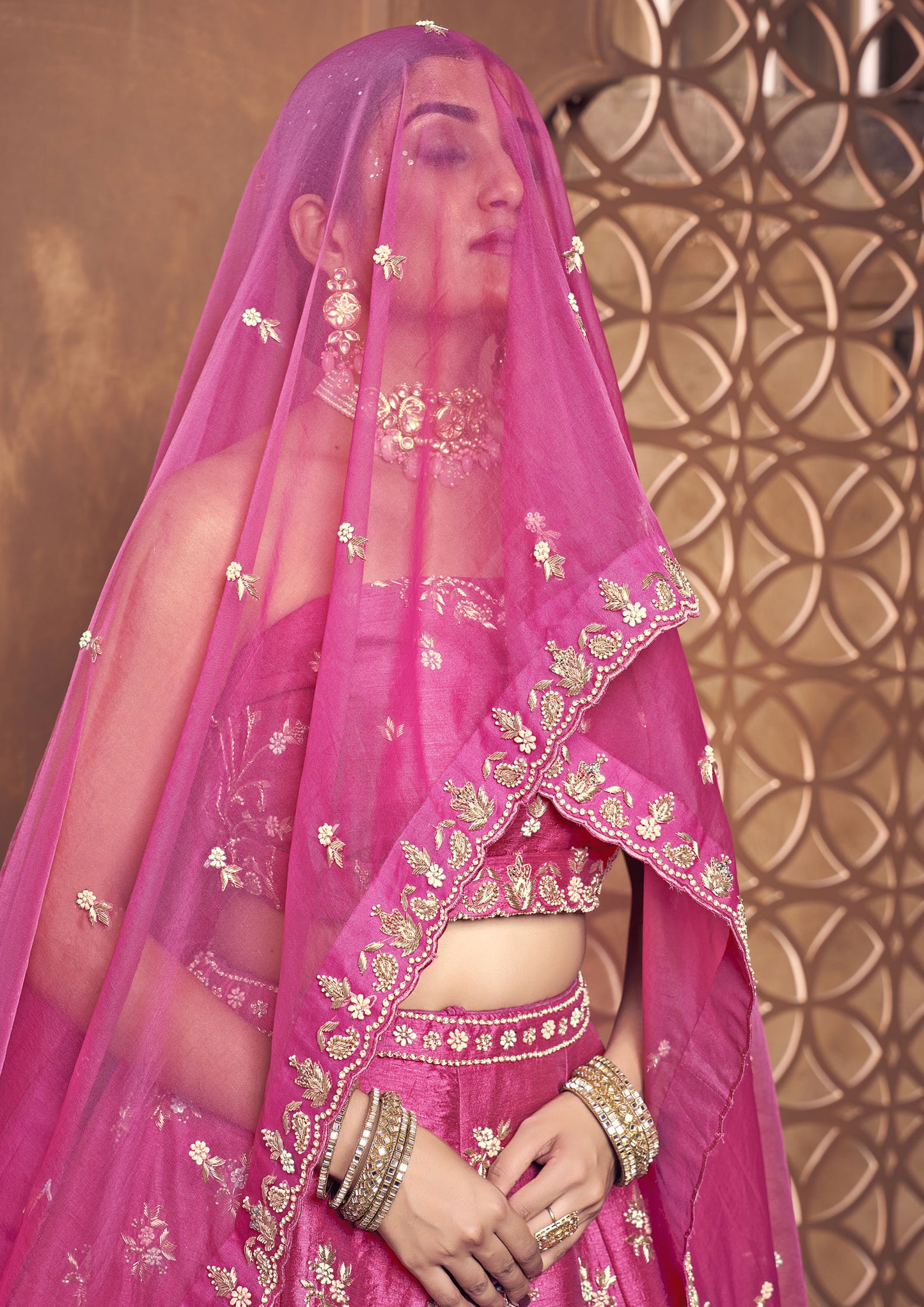 Magenta Color Hand Work Raw Silk Bridal Lehenga