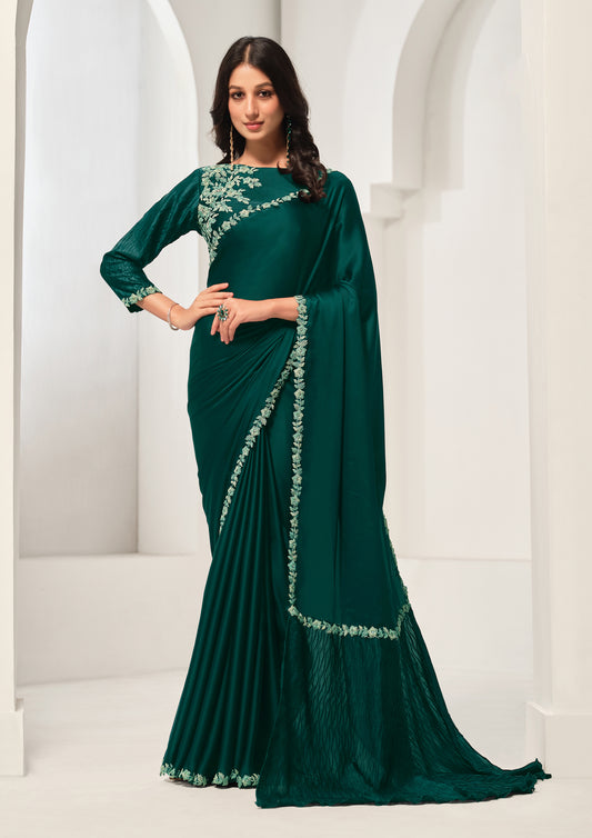 Green Color Crepe Satin Silk Zardosi Work Saree