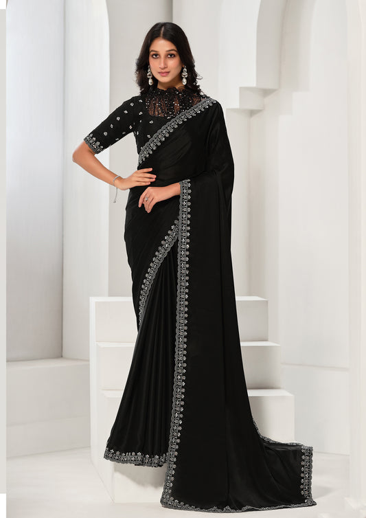 Black Color Crepe Satin Silk Sequins Work Saree