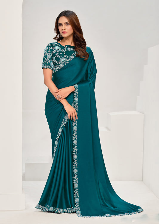 Teal Color Crepe Satin Silk Sequins Work Saree