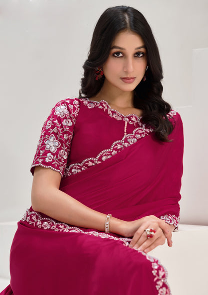 Regal Pink Color Crepe Satin Silk Saree With Moti Work