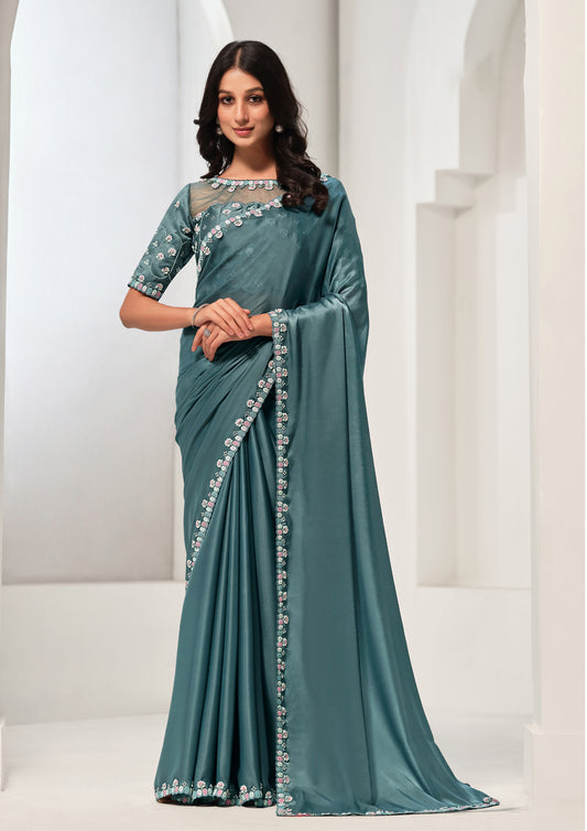 Sea Green Color Crepe Satin Silk Sequins Work Saree