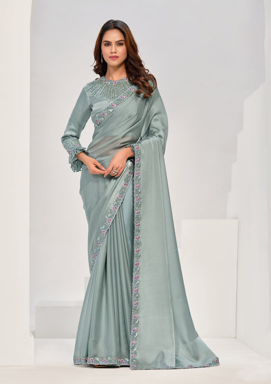 Sea Green Color Crepe Satin Silk Moti Work Saree