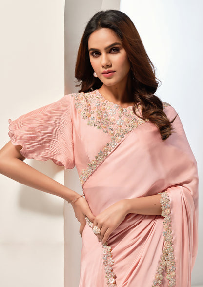 Classic Peach Color Crepe Satin Silk Sequins Work Saree