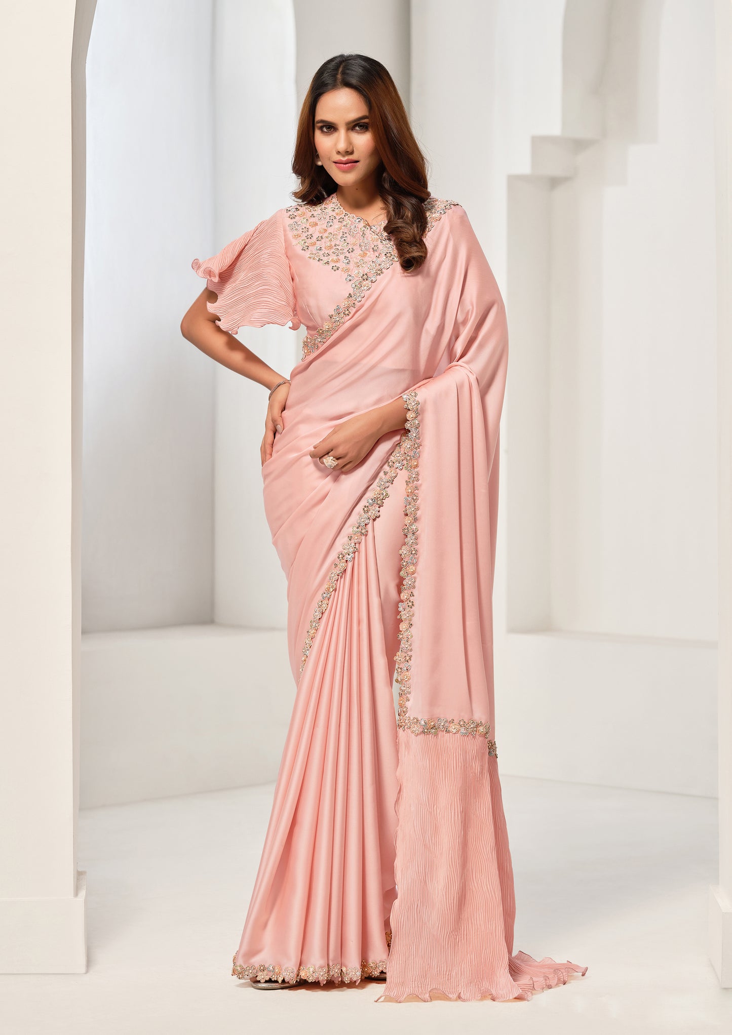 Classic Peach Color Crepe Satin Silk Sequins Work Saree