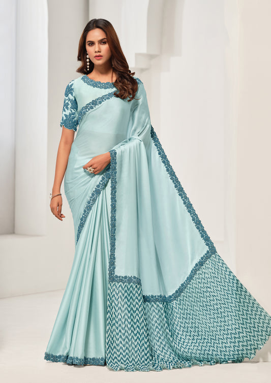 Sky Blue Color Crepe Satin Silk Zardosi Work Saree