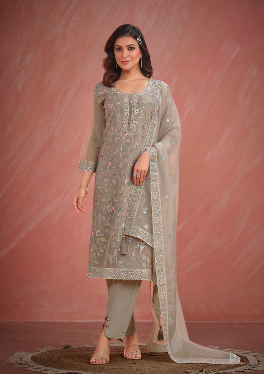 Grey Color Embroidered Organza Straight Suit