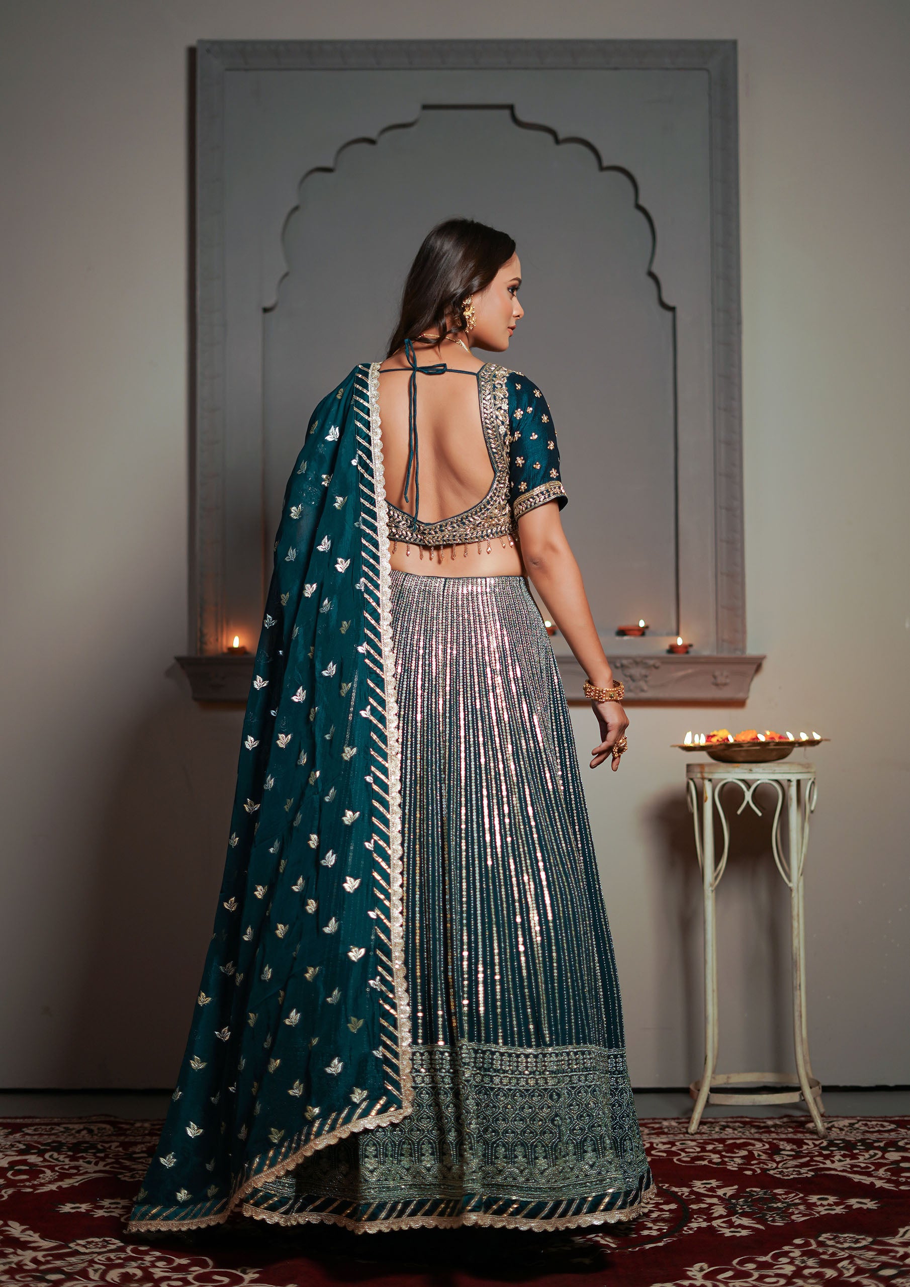 Teal Designer Georgette Lehenga Choli Embellished with pure Zardozi work and Kora Silk Dupatta