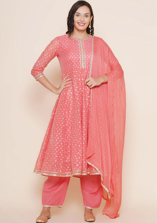 Peach Self Design Anarkali kurta with Peach Solid Palazzos & Dupatta