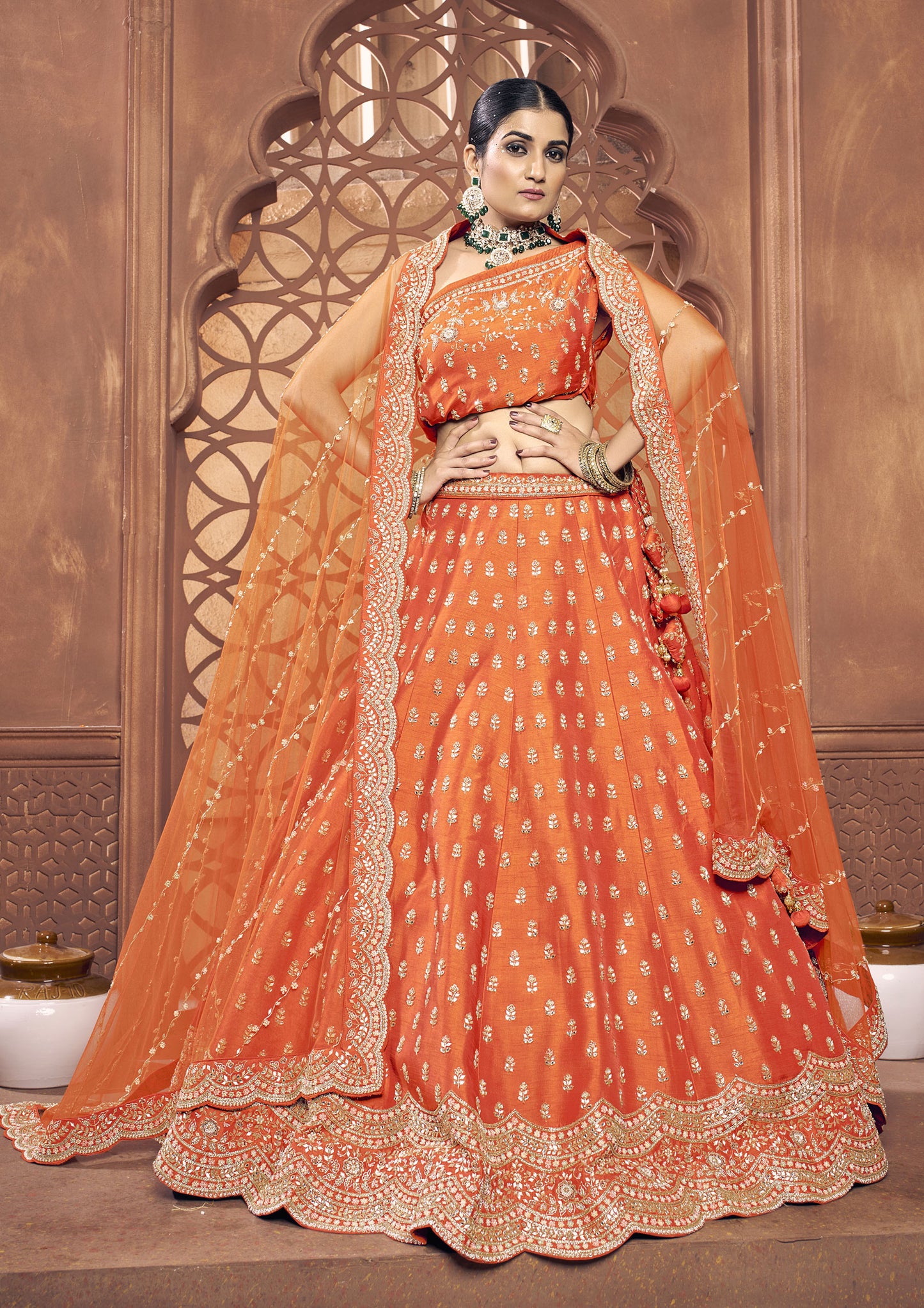 Orange Color Hand Work Raw Silk Bridal Lehenga