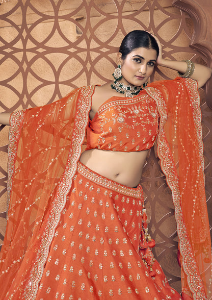 Orange Color Hand Work Raw Silk Bridal Lehenga