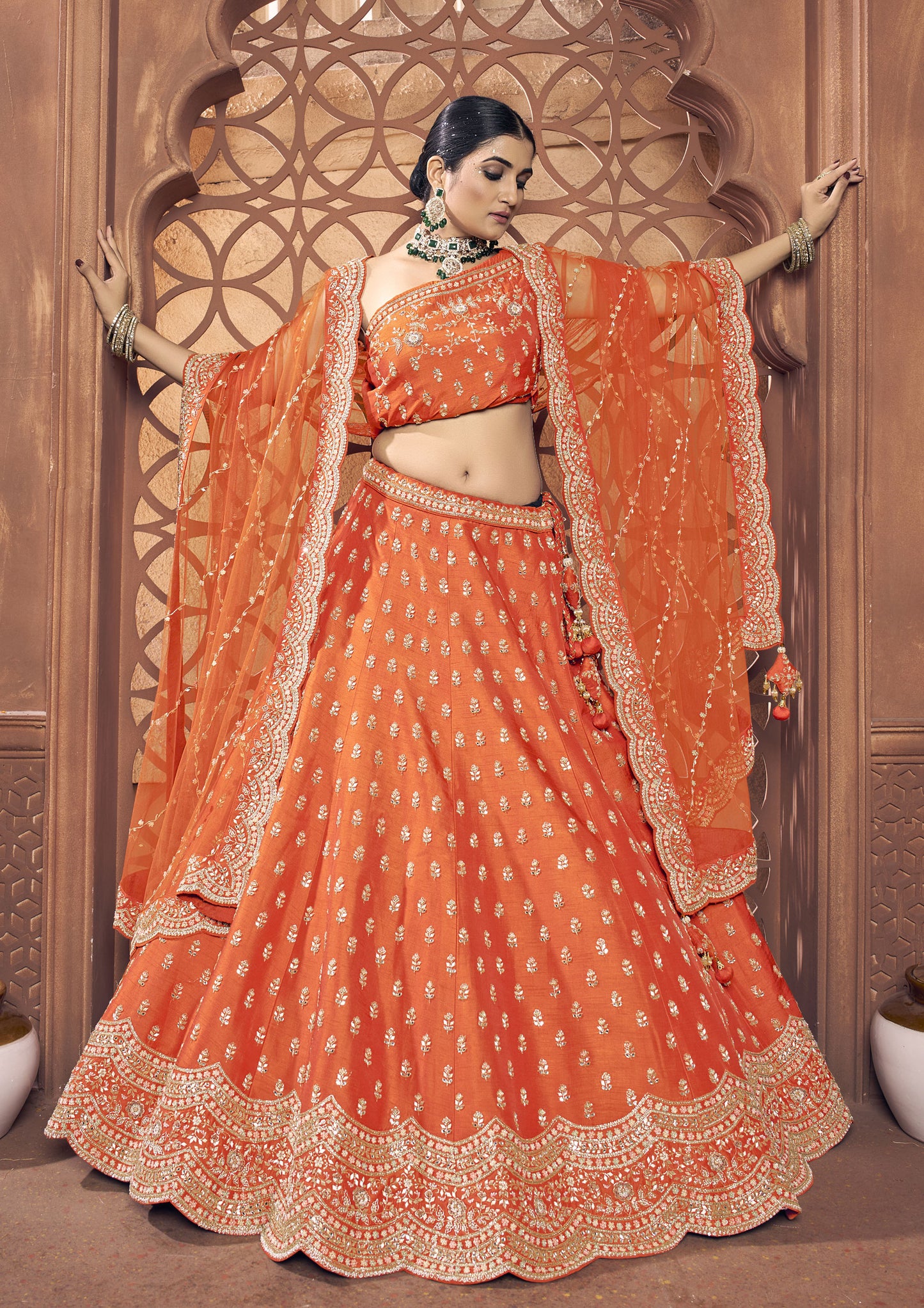 Orange Color Hand Work Raw Silk Bridal Lehenga