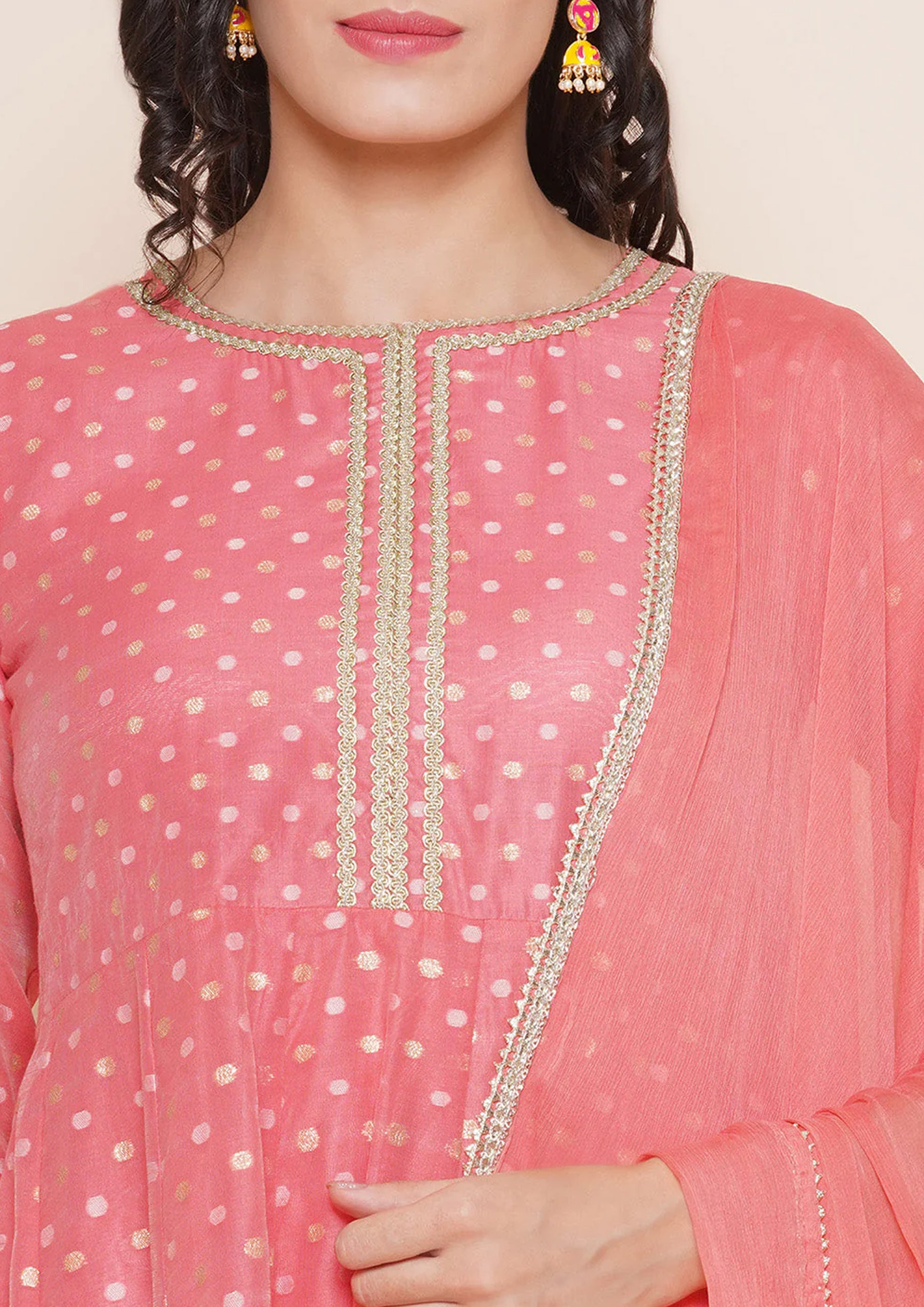 Peach Self Design Anarkali kurta with Peach Solid Palazzos & Dupatta