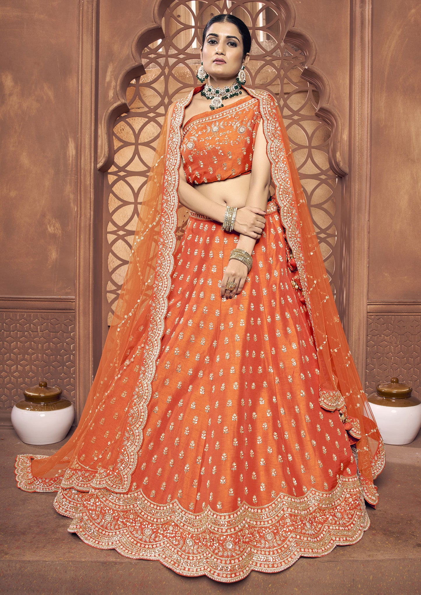 Orange Color Hand Work Raw Silk Bridal Lehenga