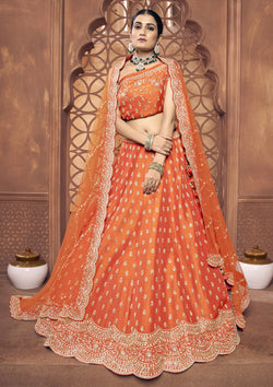 Orange Color Hand Work Raw Silk Bridal Lehenga