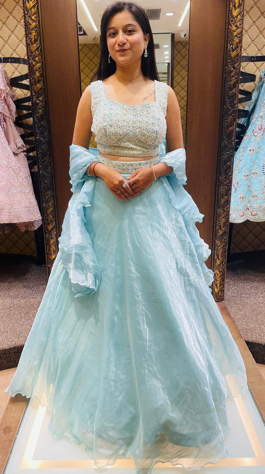 Sky Blue Color Organza Beads Work Lehenga Choli