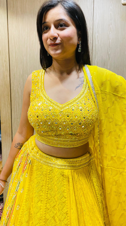 Yellow Color Georgette Lucknowi Work Lehenga Choli