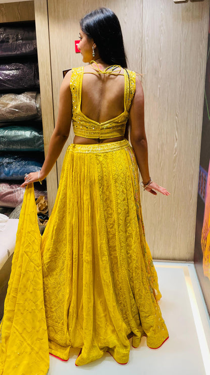 Yellow Color Georgette Lucknowi Work Lehenga Choli