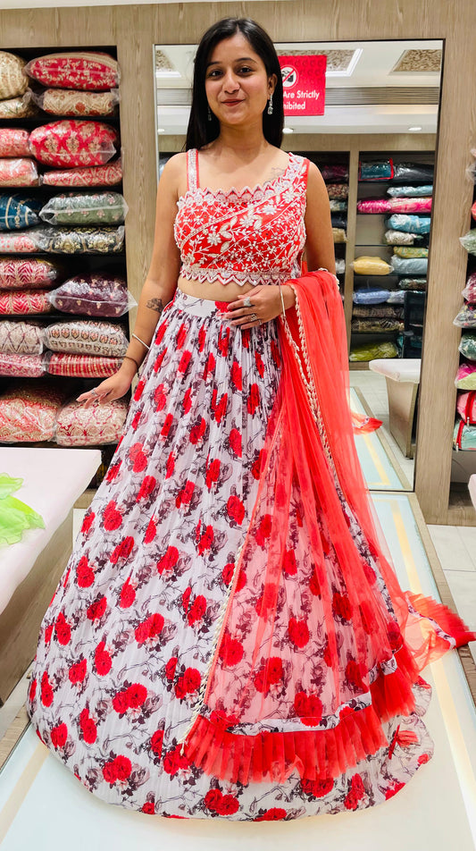 Red And White Color Chinnon Floral Printed Lehenga Choli