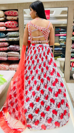 Red And White Color Chinnon Floral Printed Lehenga Choli