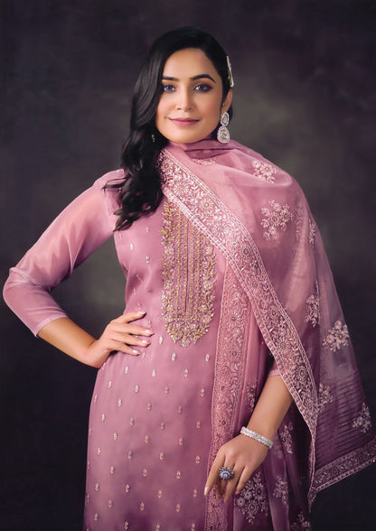 Lilac Color Embroidered Organza Salwar Kameez For Traditional Occasions