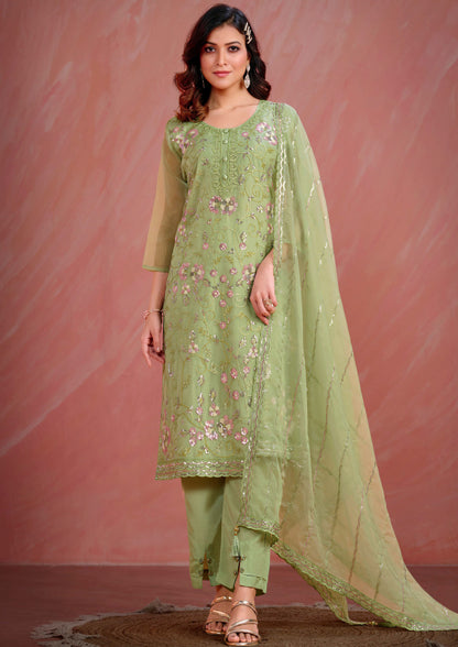 Green Color Embroidered Organza Straight Suit