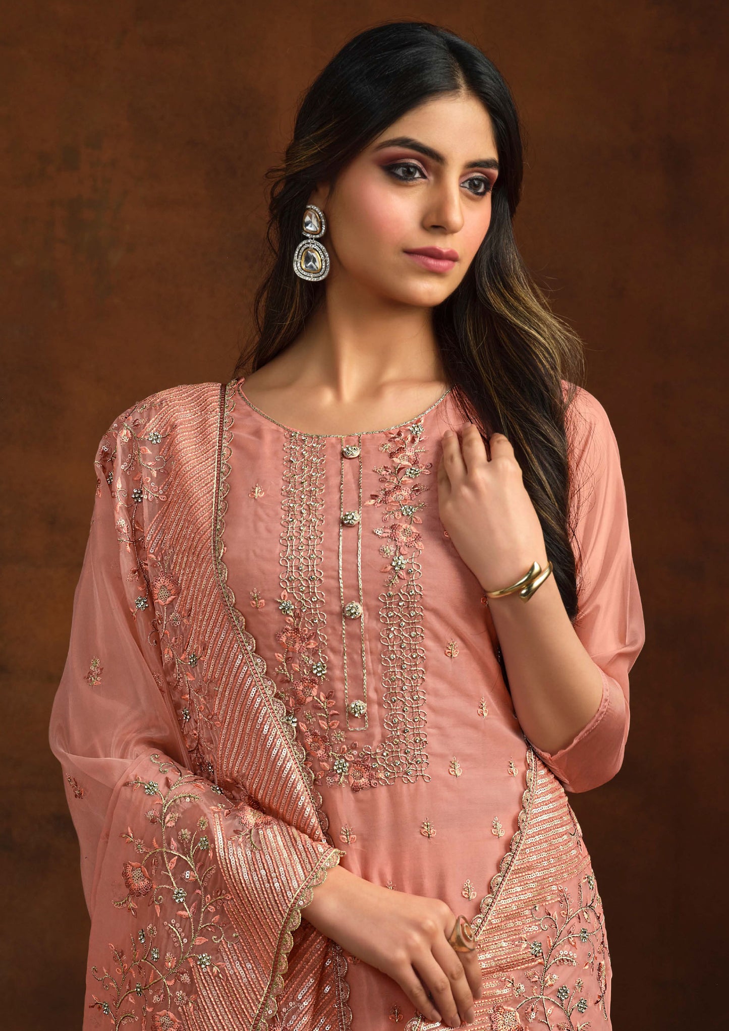 Peach Color Embroidered Organza Suit