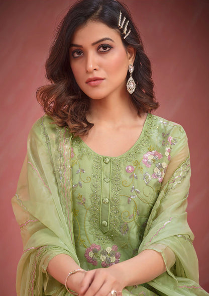 Green Color Embroidered Organza Straight Suit