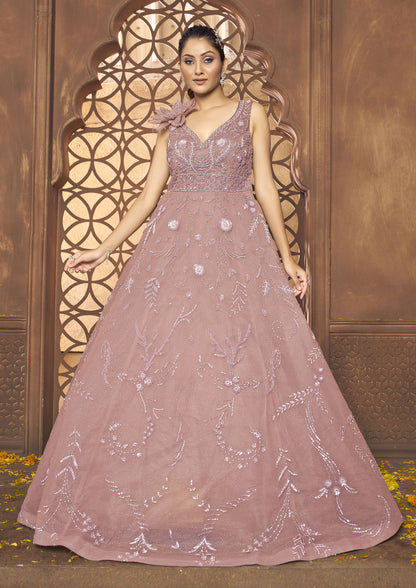 Dusty Pink Color Net Sequins Work Reception Wear Gown