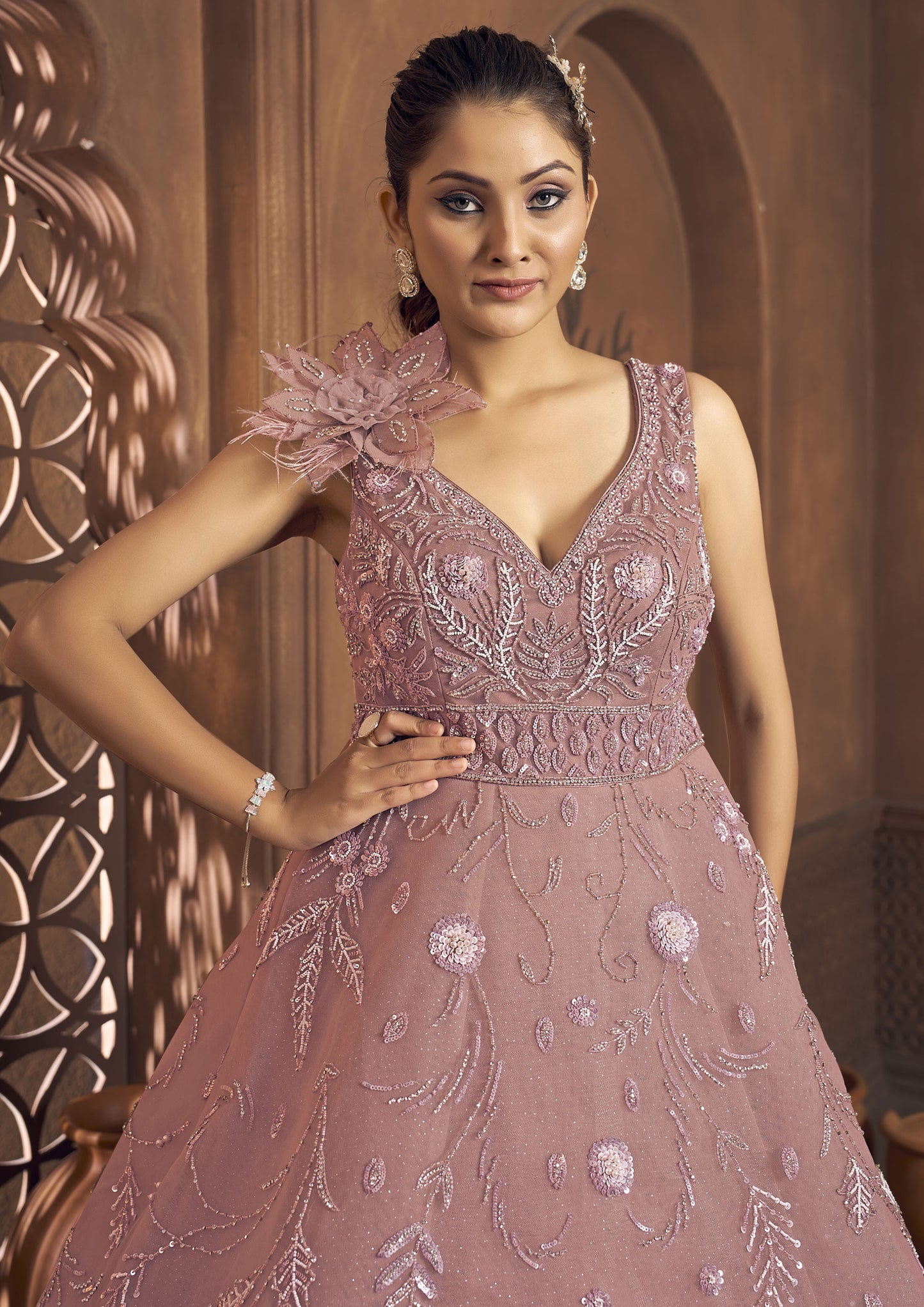 Dusty Pink Color Net Sequins Work Reception Wear Gown