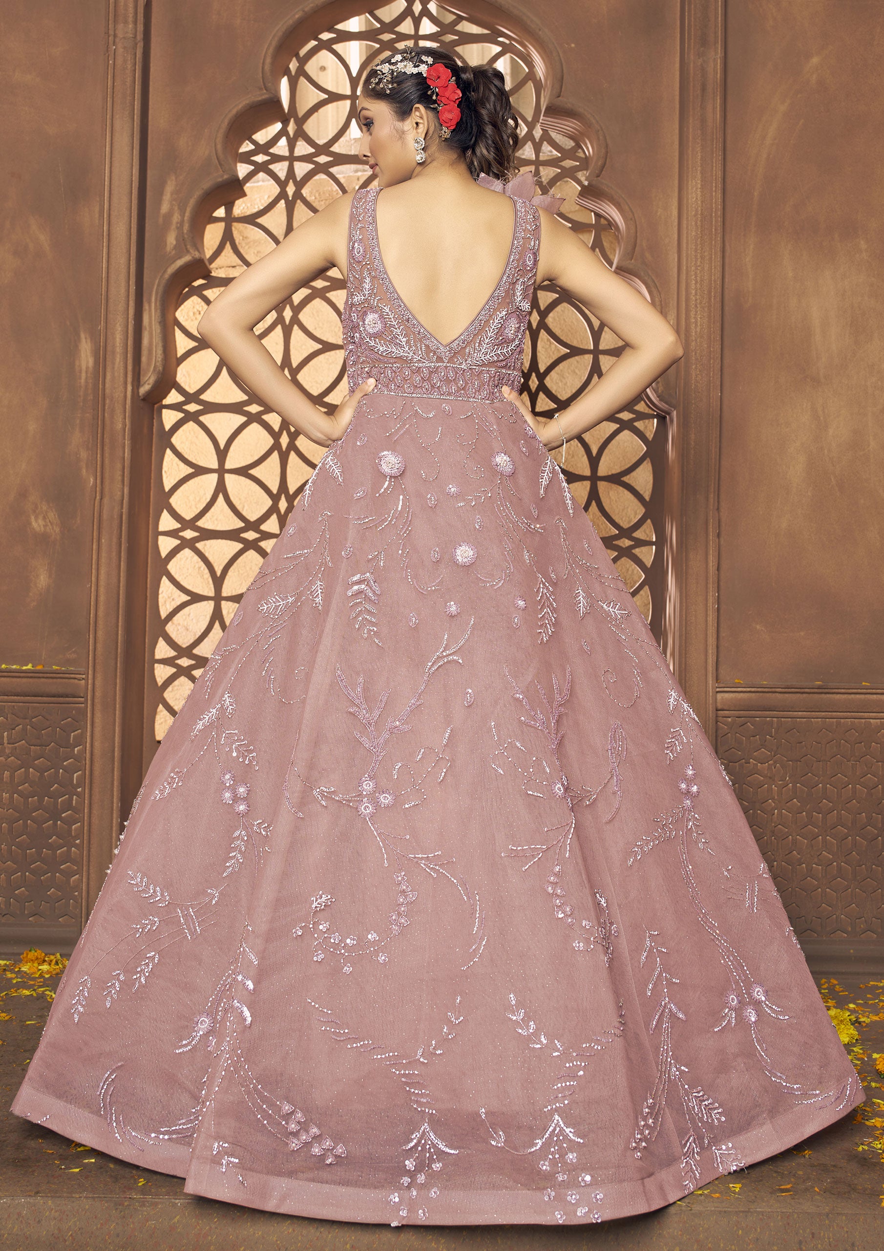 Dusty Pink Color Net Sequins Work Reception Wear Gown