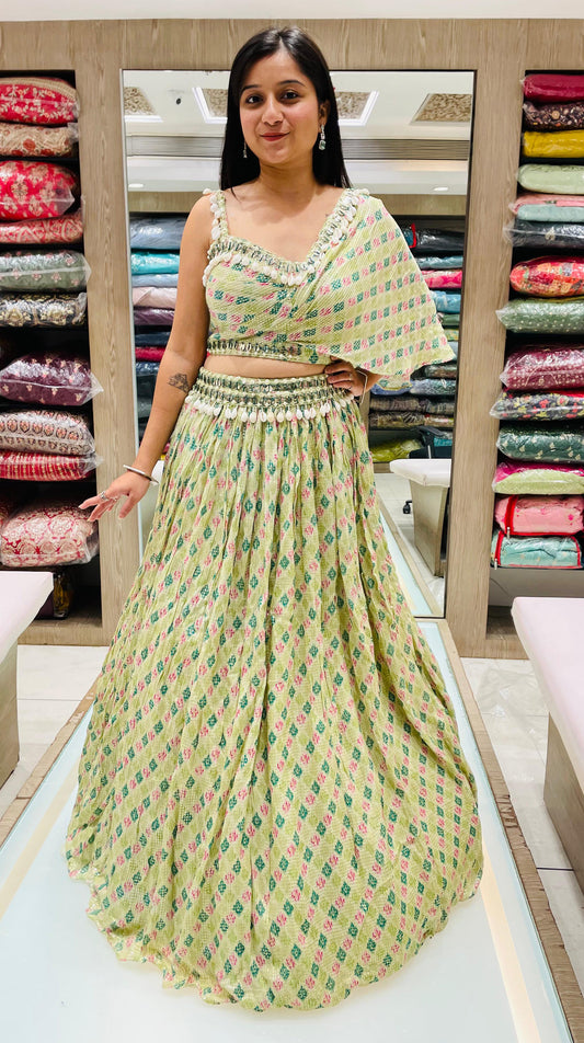 Pista Green Color Georgette Printed Lehenga Choli