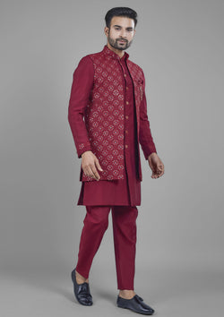 Maroon Color Jacquard Silk Embroidered Indowestern