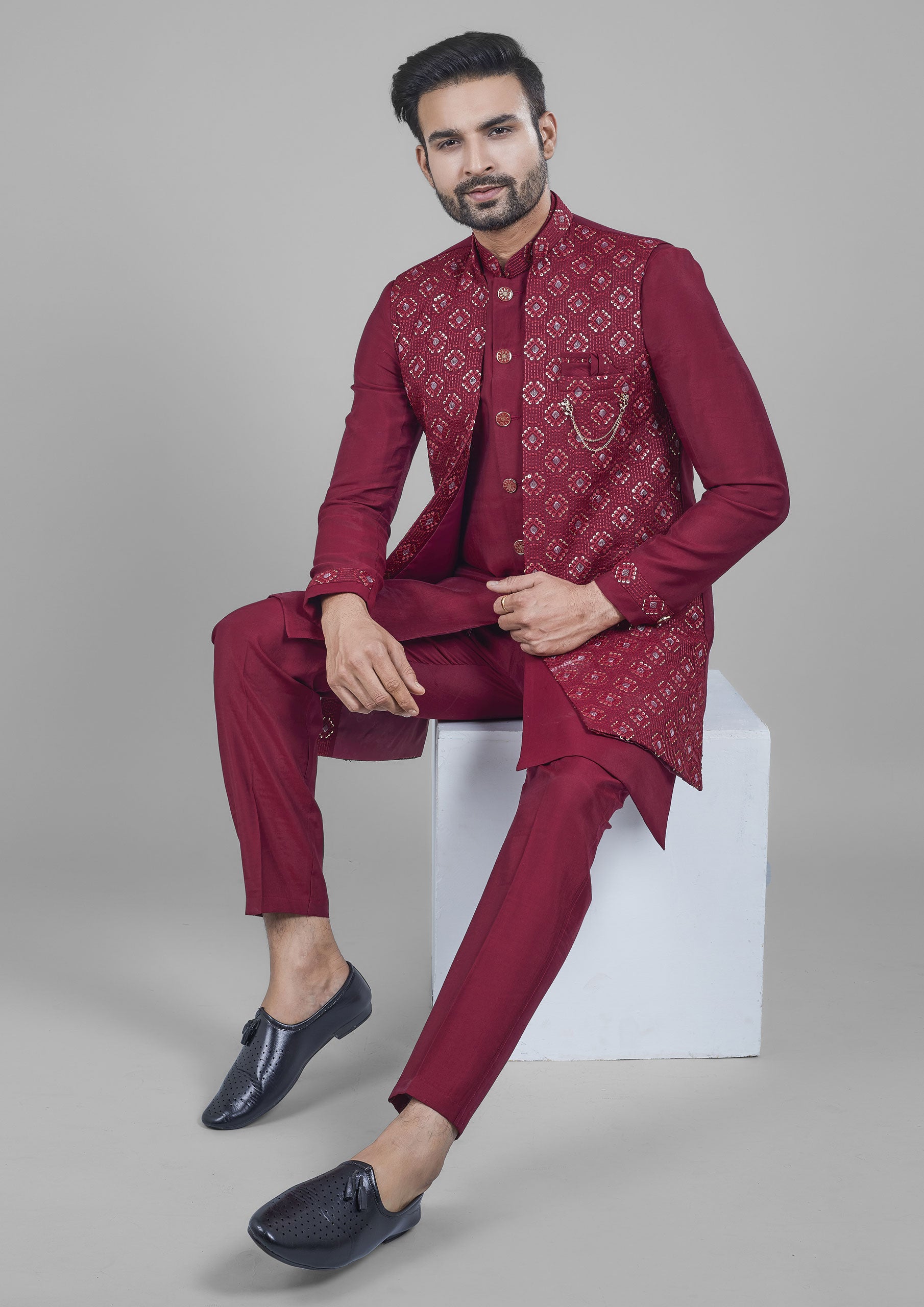 Maroon Color Jacquard Silk Embroidered Indowestern