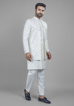 White Color Jacquard Silk Embroidered Indo western