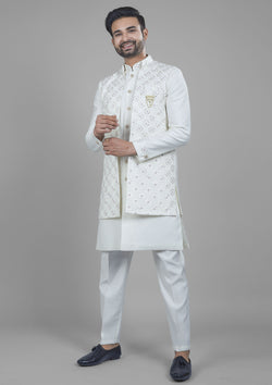 White Color Jacquard Silk Embroidered Indo western