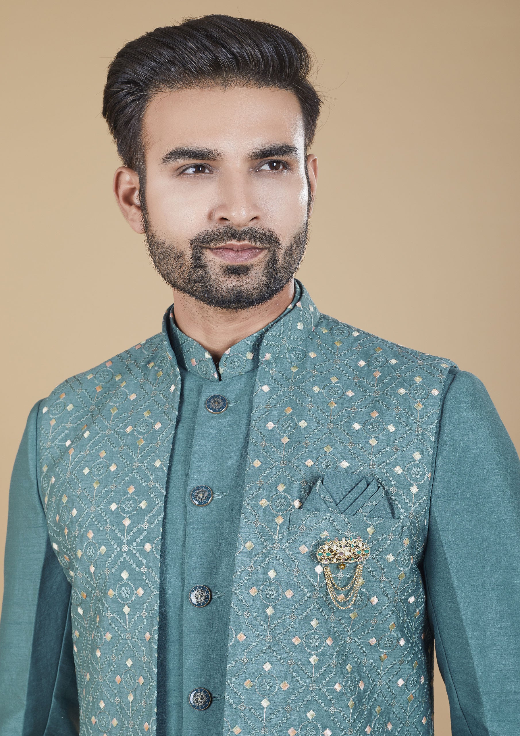 Blue Color Jacquard Silk Embroidered Men's Indo Western