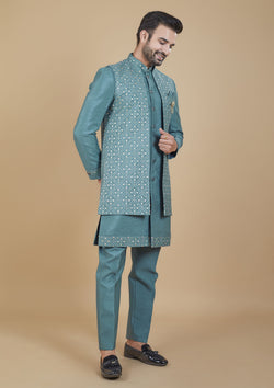 Blue Color Jacquard Silk Embroidered Men's Indo Western