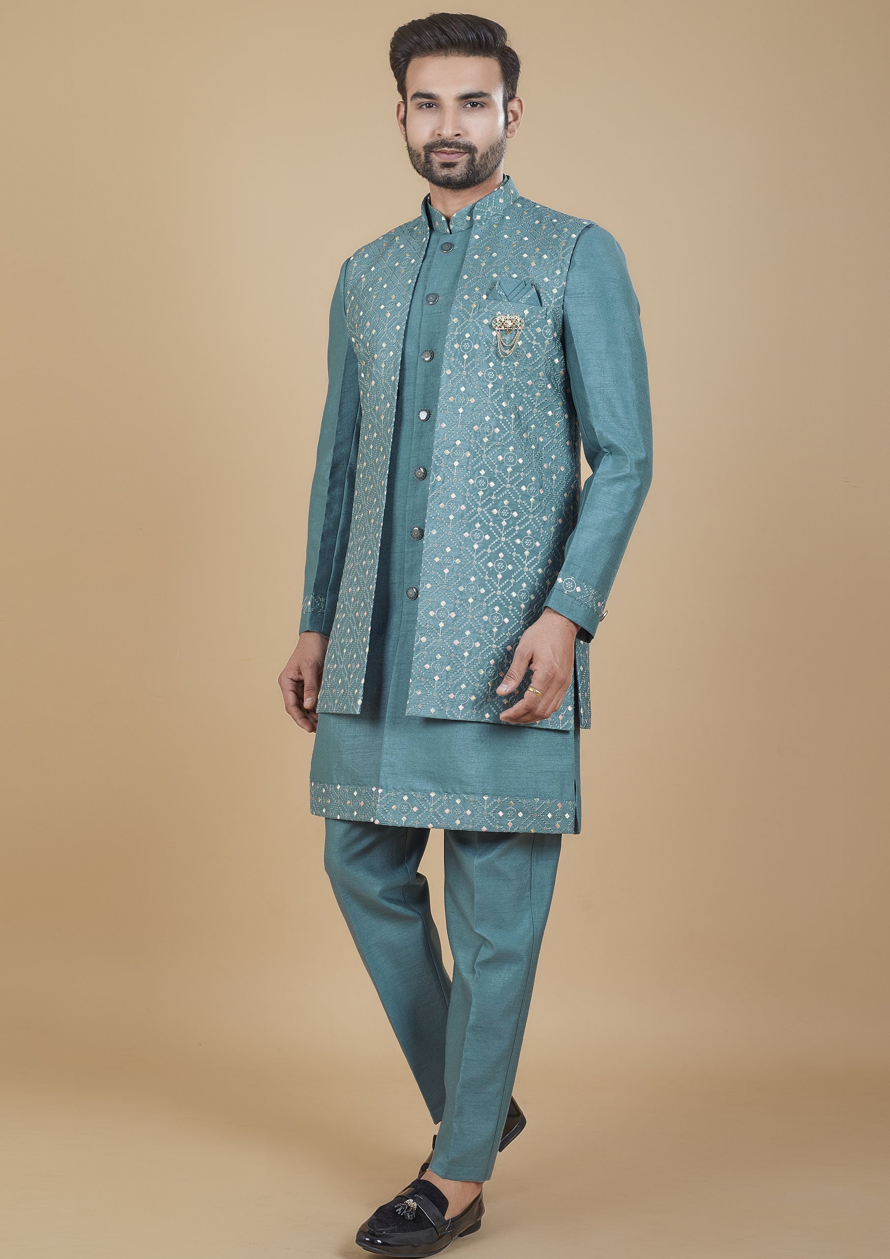 Blue Color Jacquard Silk Embroidered Men's Indo Western