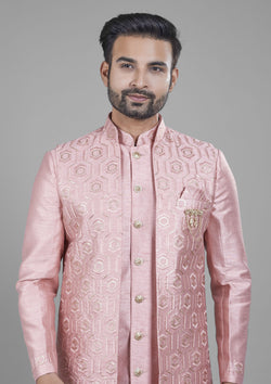 Pink Color Jacquard Silk Embroidered Indo western