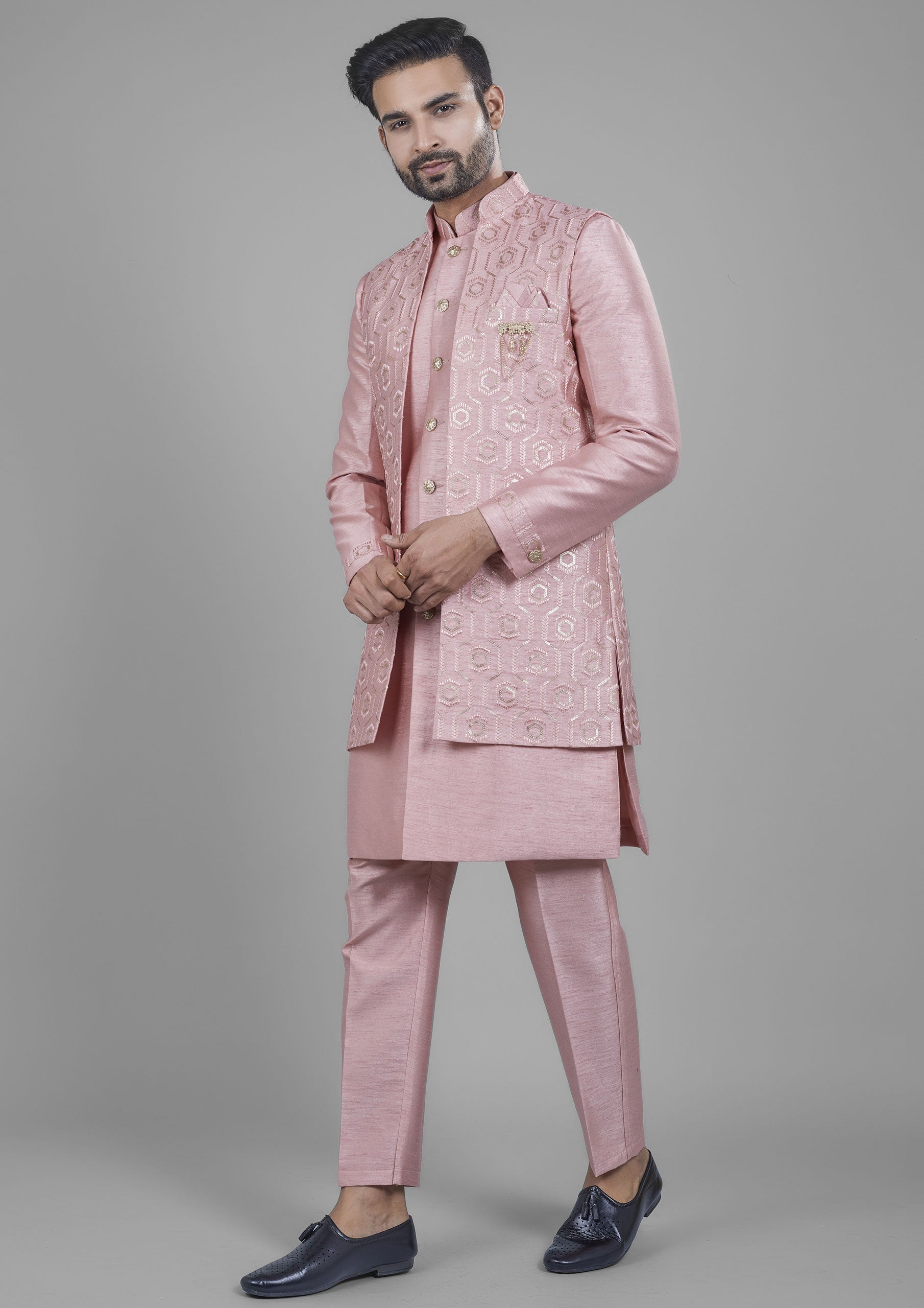 Pink Color Jacquard Silk Embroidered Indo western