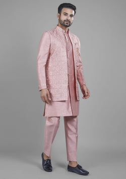 Pink Color Jacquard Silk Embroidered Indo western