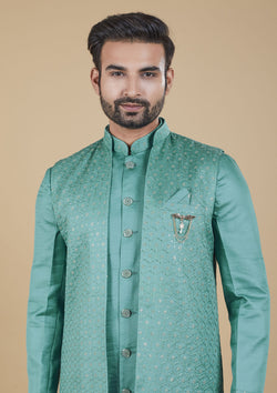 Turquoise Color Jacquard Silk Embroidered Indowestern